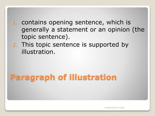 Paragraph of illustration
1. contains opening sentence, which is
generally a statement or an opinion (the
topic sentence).
2. This topic sentence is supported by
illustration.
nandkishore sarap
 