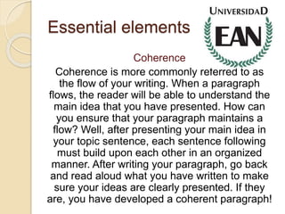 Essential elements
Coherence
Coherence is more commonly referred to as
the flow of your writing. When a paragraph
flows, the reader will be able to understand the
main idea that you have presented. How can
you ensure that your paragraph maintains a
flow? Well, after presenting your main idea in
your topic sentence, each sentence following
must build upon each other in an organized
manner. After writing your paragraph, go back
and read aloud what you have written to make
sure your ideas are clearly presented. If they
are, you have developed a coherent paragraph!
 