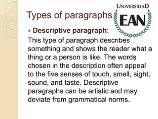 Types of paragraphs
 Descriptive paragraph:
This type of paragraph describes
something and shows the reader what a
thing or a person is like. The words
chosen in the description often appeal
to the five senses of touch, smell, sight,
sound, and taste. Descriptive
paragraphs can be artistic and may
deviate from grammatical norms.
 