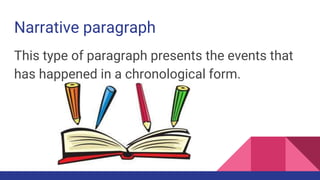 Narrative paragraph
This type of paragraph presents the events that
has happened in a chronological form.
 