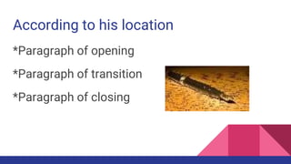 According to his location
*Paragraph of opening
*Paragraph of transition
*Paragraph of closing
 