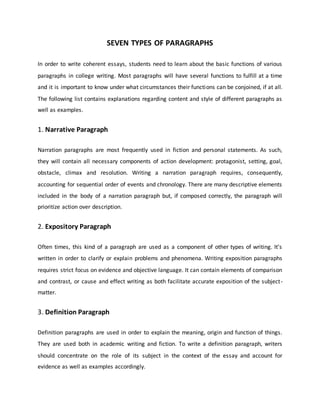 SEVEN TYPES OF PARAGRAPHS
In order to write coherent essays, students need to learn about the basic functions of various
paragraphs in college writing. Most paragraphs will have several functions to fulfill at a time
and it is important to know under what circumstances their functions can be conjoined, if at all.
The following list contains explanations regarding content and style of different paragraphs as
well as examples.
1. Narrative Paragraph
Narration paragraphs are most frequently used in fiction and personal statements. As such,
they will contain all necessary components of action development: protagonist, setting, goal,
obstacle, climax and resolution. Writing a narration paragraph requires, consequently,
accounting for sequential order of events and chronology. There are many descriptive elements
included in the body of a narration paragraph but, if composed correctly, the paragraph will
prioritize action over description.
2. Expository Paragraph
Often times, this kind of a paragraph are used as a component of other types of writing. It’s
written in order to clarify or explain problems and phenomena. Writing exposition paragraphs
requires strict focus on evidence and objective language. It can contain elements of comparison
and contrast, or cause and effect writing as both facilitate accurate exposition of the subject-
matter.
3. Definition Paragraph
Definition paragraphs are used in order to explain the meaning, origin and function of things.
They are used both in academic writing and fiction. To write a definition paragraph, writers
should concentrate on the role of its subject in the context of the essay and account for
evidence as well as examples accordingly.
 