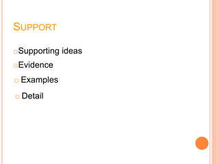 SUPPORT
oEvidence
oSupporting ideas
o Examples
o Detail
 
