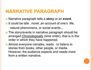 NARRATIVE PARAGRAPH
 Narrative paragraph tells a story or an event.
 It could be tale , novel ,an account of one’s life,
natural phenomena, or social events…
 The story/events in narrative paragraph should be
arranged Chronologically (time order), that is in the
order in which they have happened.
 Almost everyone narrates, reads , or listens to
stories from books, other people, or media.
However, the audience expects and needs more
from a written narrative.
 