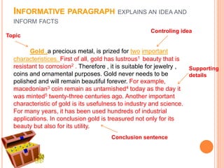 INFORMATIVE PARAGRAPH EXPLAINS AN IDEA AND
INFORM FACTS
Gold ,a precious metal, is prized for two important
characteristices. First of all, gold has lustrous1 beauty that is
resistant to corrosion2 . Therefore , it is suitable for jewelry ,
coins and ornamental purposes. Gold never needs to be
polished and will remain beautiful forever. For example,
macedonian3 coin remain as untarnished4 today as the day it
was minted5 twenty-three centuries ago. Another important
characteristic of gold is its usefulness to industry and science.
For many years, it has been used hundreds of industrial
applications. In conclusion gold is treasured not only for its
beauty but also for its utility.
Topic
Controling idea
Supporting
details
Conclusion sentence
 