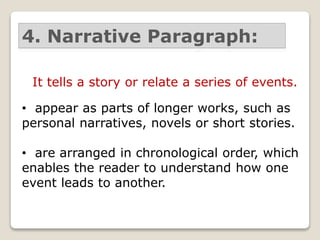 4. Narrative Paragraph:
It tells a story or relate a series of events.
• appear as parts of longer works, such as
personal narratives, novels or short stories.
• are arranged in chronological order, which
enables the reader to understand how one
event leads to another.
 