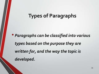 Types of Paragraphs
•Paragraphs can be classified into various
types based on the purpose they are
written for, and the way the topic is
developed.
35
 
