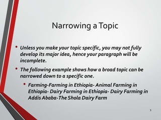Narrowing aTopic
• Unless you make your topic specific, you may not fully
develop its major idea, hence your paragraph will be
incomplete.
• The following example shows how a broad topic can be
narrowed down to a specific one.
• Farming-Farming in Ethiopia- Animal Farming in
Ethiopia- Dairy Farming in Ethiopia- Dairy Farming in
Addis Ababa-The Shola Dairy Farm
5
 