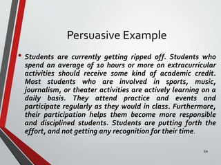 Persuasive Example
• Students are currently getting ripped off. Students who
spend an average of 10 hours or more on extracurricular
activities should receive some kind of academic credit.
Most students who are involved in sports, music,
journalism, or theater activities are actively learning on a
daily basis. They attend practice and events and
participate regularly as they would in class. Furthermore,
their participation helps them become more responsible
and disciplined students. Students are putting forth the
effort, and not getting any recognition for their time.
54
 