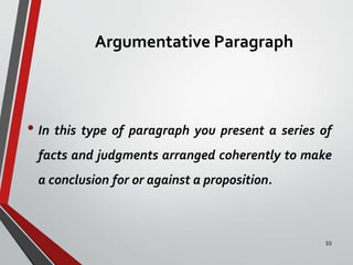 Argumentative Paragraph
• In this type of paragraph you present a series of
facts and judgments arranged coherently to make
a conclusion for or against a proposition.
55
 
