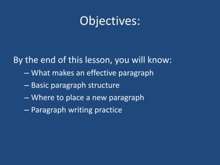 Objectives:
By the end of this lesson, you will know:
– What makes an effective paragraph
– Basic paragraph structure
– Where to place a new paragraph
– Paragraph writing practice
 