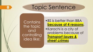 Topic Sentence
•BS is better than BBA
because of 4 reasons.
•Karachi is a city of
problems because of
Transport issues &
street crimes
Contains
the topic
and
controlling
idea like:
8
 