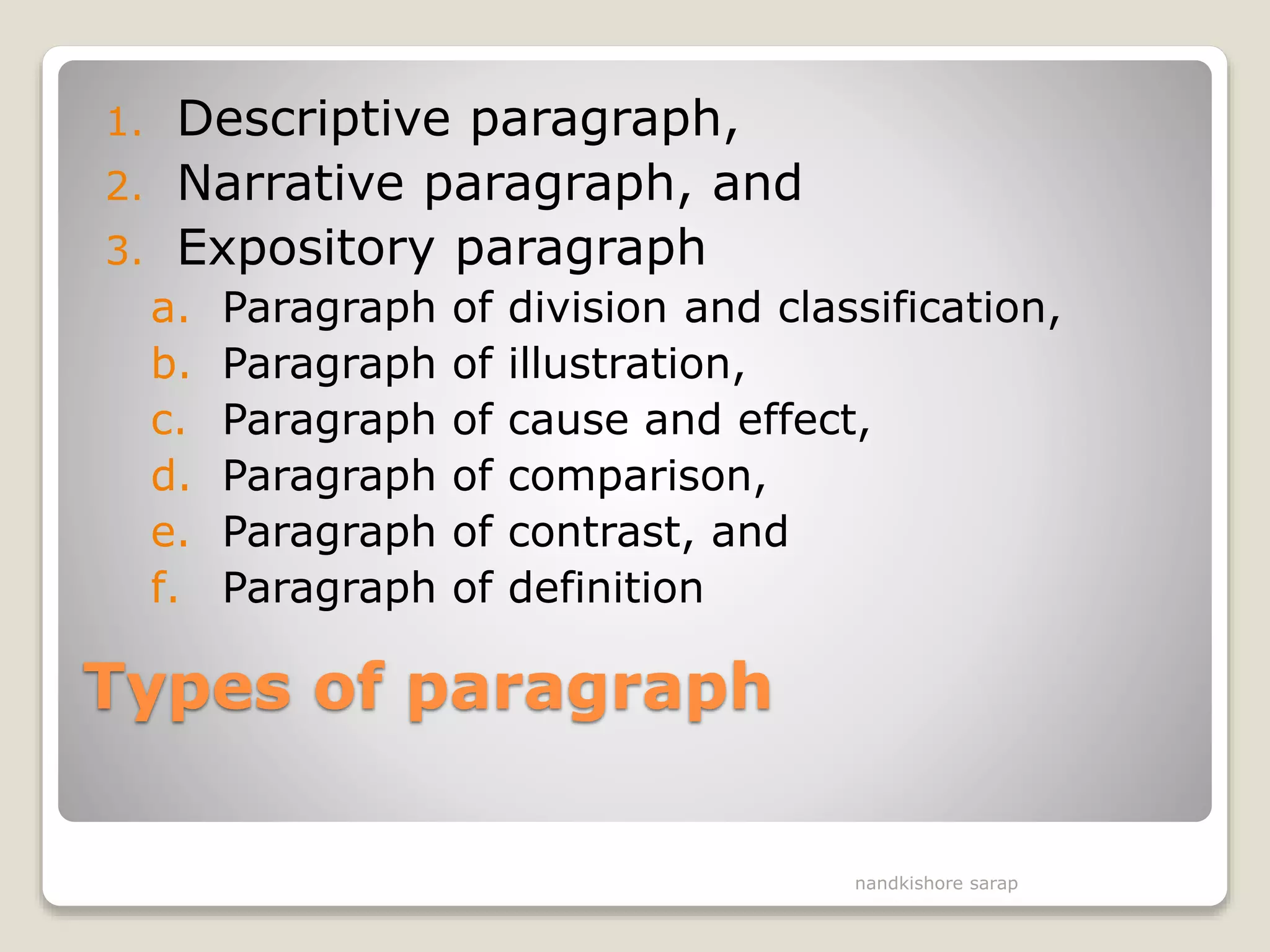 Types of paragraph
1. Descriptive paragraph,
2. Narrative paragraph, and
3. Expository paragraph
a. Paragraph of division and classification,
b. Paragraph of illustration,
c. Paragraph of cause and effect,
d. Paragraph of comparison,
e. Paragraph of contrast, and
f. Paragraph of definition
nandkishore sarap
 