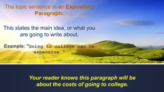The topic sentence in an Expository
Paragraph:
This states the main idea, or what you
are going to write about.
Example: "Going to college can be
expensive."
Your reader knows this paragraph will be
about the costs of going to college.
 