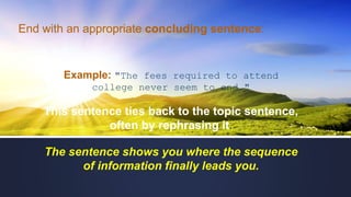 End with an appropriate concluding sentence:
Example: "The fees required to attend
college never seem to end."
This sentence ties back to the topic sentence,
often by rephrasing it.
The sentence shows you where the sequence
of information finally leads you.
 