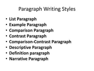 Paragraph Writing Styles
• List Paragraph
• Example Paragraph
• Comparison Paragraph
• Contrast Paragraph
• Comparison-Contrast Paragraph
• Descriptive Paragraph
• Definition paragraph
• Narrative Paragraph
 