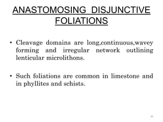 ANASTOMOSING DISJUNCTIVE
FOLIATIONS
• Cleavage domains are long,continuous,wavey
forming and irregular network outlining
lenticular microlithons.
• Such foliations are common in limestone and
in phyllites and schists.
30
 