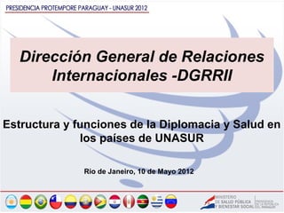 Dirección General de Relaciones
      Internacionales -DGRRII


Estructura y funciones de la Diplomacia y Salud en
              los países de UNASUR

              Rio de Janeiro, 10 de Mayo 2012
 