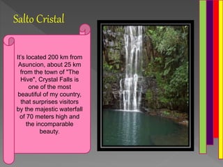 Salto Cristal
It’s located 200 km from
Asuncion, about 25 km
from the town of "The
Hive", Crystal Falls is
one of the most
beautiful of my country,
that surprises visitors
by the majestic waterfall
of 70 meters high and
the incomparable
beauty.
 