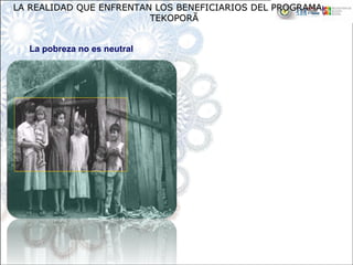 LA REALIDAD QUE ENFRENTAN LOS BENEFICIARIOS DEL PROGRAMALA REALIDAD QUE ENFRENTAN LOS BENEFICIARIOS DEL PROGRAMA
TEKOPORTEKOPORĂĂ
La pobreza no es neutral
De los y las integrantes de las familias 
beneficiarias:
El 54% son niños, niñas y adolescentes 
menores de 18 años.
El 40% no está inscripto/a en el registro 
civil y por ende no tiene cédula de 
identidad.
El 95% no tiene ningún tipo de seguro 
médico.
 