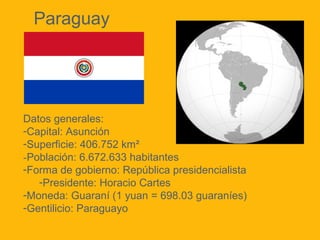 Paraguay

Datos generales:
-Capital: Asunción
-Superficie: 406.752 km²
-Población: 6.672.633 habitantes
-Forma de gobierno: República presidencialista
-Presidente: Horacio Cartes
-Moneda: Guaraní (1 yuan = 698.03 guaraníes)
-Gentilicio: Paraguayo

 