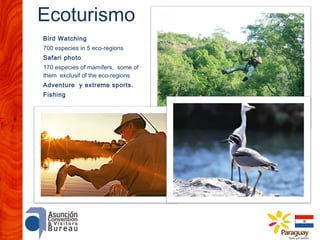 Ecoturismo
Bird Watching
700 especies in 5 eco-regions
Safari photo
170 especies of mamífers, some of
them exclusif of the eco-regions
Adventure y extreme sports.
Fishing

 