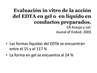 Evaluación in vitro de la acción del EDTA en gel o  en líquido en conductos preparados. CR Araujo y col. Jounal of Endod. 2003Las formas líquidas del EDTA se encuentran entre el 15 y el 117 %La forma en gel se encuentra al 24 %