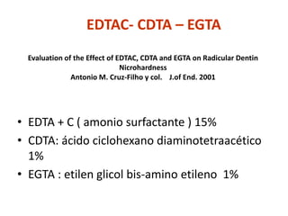 EDTAC- CDTA – EGTAEvaluation of the Effect of EDTAC, CDTA and EGTA on Radicular Dentin NicrohardnessAntonio M. Cruz-Filho y col.    J.of End. 2001EDTA + C ( amonio surfactante ) 15%CDTA: ácido ciclohexano diaminotetraacético  1%EGTA : etilen glicol bis-amino etileno  1%