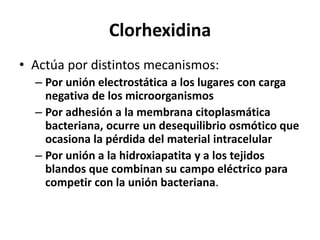 ClorhexidinaActúa por distintos mecanismos:Por unión electrostática a los lugares con carga negativa de los microorganismosPor adhesión a la membrana citoplasmática bacteriana, ocurre un desequilibrio osmótico que ocasiona la pérdida del material intracelularPor unión a la hidroxiapatita y a los tejidos blandos que combinan su campo eléctrico para competir con la unión bacteriana.