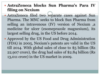 AstraZeneca blocks Sun Pharma's Para IV filing on NexiumAstraZeneca filed two separate cases against Sun Pharma. The MNC seeks to block Sun Pharma from selling an intravenous (IV) version of Nexium ,a medicine for ulcer (esomeprazole magnesium), its largest selling drug, in the US before 2014. Approved by the US Food and Drug Administration (FDA) in 2005, Nexium's patents are valid in the US till 2014. With global sales of close to $5 billion (Rs 22,907 crore), the drug had sales of $2.84 billion (Rs 13,011 crore) in the US market in 2009.