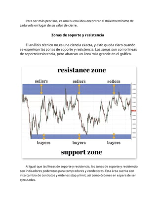 Para ser más precisos, es una buena idea encontrar el máximo/mínimo de
cada vela en lugar de su valor de cierre.
Zonas de soporte y resistencia
El análisis técnico no es una ciencia exacta, y esto queda claro cuando
se examinan las zonas de soporte y resistencia. Las zonas son como líneas
de soporte/resistencia, pero abarcan un área más grande en el gráfico.
Al igual que las líneas de soporte y resistencia, las zonas de soporte y resistencia
son indicadores poderosos para compradores y vendedores. Esta área cuenta con
intercambio de contratos y órdenes stop y limit, así como órdenes en espera de ser
ejecutadas.
 