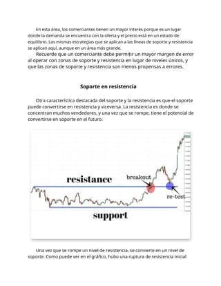 En esta área, los comerciantes tienen un mayor interés porque es un lugar
donde la demanda se encuentra con la oferta y el precio está en un estado de
equilibrio. Las mismas estrategias que se aplican a las líneas de soporte y resistencia
se aplican aquí, aunque en un área más grande.
Recuerde que un comerciante debe permitir un mayor margen de error
al operar con zonas de soporte y resistencia en lugar de niveles únicos, y
que las zonas de soporte y resistencia son menos propensas a errores.
Soporte en resistencia
Otra característica destacada del soporte y la resistencia es que el soporte
puede convertirse en resistencia y viceversa. La resistencia es donde se
concentran muchos vendedores, y una vez que se rompe, tiene el potencial de
convertirse en soporte en el futuro.
Una vez que se rompe un nivel de resistencia, se convierte en un nivel de
soporte. Como puede ver en el gráfico, hubo una ruptura de resistencia inicial
 