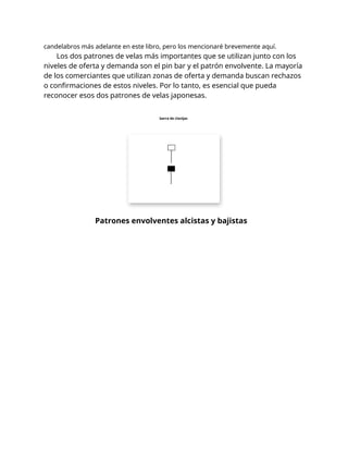 candelabros más adelante en este libro, pero los mencionaré brevemente aquí.
Los dos patrones de velas más importantes que se utilizan junto con los
niveles de oferta y demanda son el pin bar y el patrón envolvente. La mayoría
de los comerciantes que utilizan zonas de oferta y demanda buscan rechazos
o confirmaciones de estos niveles. Por lo tanto, es esencial que pueda
reconocer esos dos patrones de velas japonesas.
barra de clavijas
Patrones envolventes alcistas y bajistas
 