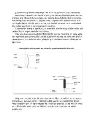 Justo encima y debajo del cuerpo real están lososcuridad. Los cartistas las
consideran como las mechas de la vela, y son las sombras las que muestran
el precio alto y bajo de la negociación de ese día. Cuando la sombra superior (la
mecha superior) en un día a la baja es corta, la apertura de ese día estuvo más
cerca del máximo del día, mientras que una sombra superior corta en un día al
alza indica que el cierre estuvo cerca del máximo.
La relación entre la apertura, el máximo, el mínimo y el cierre del día
determina el aspecto de la vela diaria.
Hay una gran cantidad de información que se muestra en cada vela.
Por ejemplo, con un vistazo rápido puede ver dónde se abre y se cierra
una moneda, los valores altos y bajos, y si su cierre es más alto que su
apertura.
Las principales velas japonesas que utilizan los operadores de acción de precios
Hay muchos patrones de velas japonesas bien conocidos en el campo
comercial, y aunque no los repasaré todos, vamos a repasar tres de los
más utilizados por los operadores de acción de precios. Visite mi sitio web
en colibritrader.com para ver la lista completa de patrones de velas
japonesas.
 