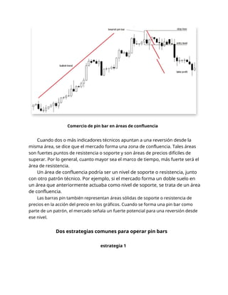Comercio de pin bar en áreas de confluencia
Cuando dos o más indicadores técnicos apuntan a una reversión desde la
misma área, se dice que el mercado forma una zona de confluencia. Tales áreas
son fuertes puntos de resistencia o soporte y son áreas de precios difíciles de
superar. Por lo general, cuanto mayor sea el marco de tiempo, más fuerte será el
área de resistencia.
Un área de confluencia podría ser un nivel de soporte o resistencia, junto
con otro patrón técnico. Por ejemplo, si el mercado forma un doble suelo en
un área que anteriormente actuaba como nivel de soporte, se trata de un área
de confluencia.
Las barras pin también representan áreas sólidas de soporte o resistencia de
precios en la acción del precio en los gráficos. Cuando se forma una pin bar como
parte de un patrón, el mercado señala un fuerte potencial para una reversión desde
ese nivel.
Dos estrategias comunes para operar pin bars
estrategia 1
 