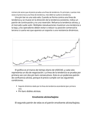 número de veces que el precio prueba una línea de tendencia. En principio, cuantas más
veces el precio toca una línea de tendencia, más débil se vuelve la tendencia.
Una pin bar es una sola vela. Cuando se forma contra una línea de
tendencia y se mueve en la dirección de la tendencia existente, indica un
patrón de continuación y no una reversión. Refuerza la tendencia alcista, y
el mercado suele subir. Múltiples reevaluaciones muestran una tendencia a
la baja, y los operadores deben evitar o reducir su posición comercial la
tercera o cuarta vez que aparece un soporte o una resistencia dinámicos.
El gráfico es el marco de tiempo diario de USDCAD, y cada vela
representa un día de negociación. La línea de la tendencia se prueba por
primera vez con dos pin bars consecutivos. Este es un poderoso patrón
de confluencia alcista, porque el precio cumple con las siguientes
condiciones.
Soporte dinámico dado por la línea de tendencia ascendente (por primera
vez).
Pin bars dobles alcistas.
Envolvente alcista/bajista
El segundo patrón de velas es el patrón envolvente alcista/bajista.
 