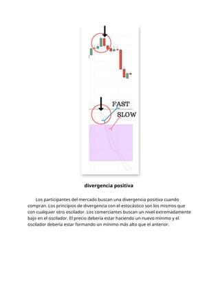 divergencia positiva
Los participantes del mercado buscan una divergencia positiva cuando
compran. Los principios de divergencia con el estocástico son los mismos que
con cualquier otro oscilador. Los comerciantes buscan un nivel extremadamente
bajo en el oscilador. El precio debería estar haciendo un nuevo mínimo y el
oscilador debería estar formando un mínimo más alto que el anterior.
 