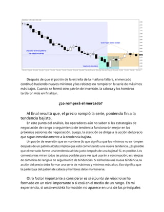 Después de que el patrón de la estrella de la mañana fallara, el mercado
continuó haciendo nuevos mínimos y los rebotes no rompieron la serie de máximos
más bajos. Cuando se formó otro patrón de inversión, la cabeza y los hombros
tardaron más en finalizar.
¿Lo romperá el mercado?
Al final resultó que, el precio rompió la serie, poniendo fin a la
tendencia bajista.
En este punto del análisis, los operadores aún no saben si las estrategias de
negociación de rango o seguimiento de tendencia funcionarán mejor en las
próximas sesiones de negociación. Luego, la atención se dirige a la acción del precio
que sigue inmediatamente a la tendencia bajista.
Un patrón de reversión que se mantiene (lo que significa que los mínimos no se rompen
después de un patrón alcista) implica que está comenzando una nueva tendencia. ¿Es posible
que el mercado forme una tendencia alcista justo después de una bajista? Sí, es posible. Los
comerciantes miran todas las pistas posibles para ver qué usarán a continuación; estrategias
de comercio de rango o de seguimiento de tendencias. Si comienza una nueva tendencia, la
acción del precio debe formar una serie de máximos y mínimos más altos. Eso significa que
la parte baja del patrón de cabeza y hombros debe mantenerse.
Otro factor importante a considerar es si elpunto de retorno se ha
formado en un nivel importante o si está en el medio de un rango. En mi
experiencia, si uninversiónla formación no aparece en una de las principales
 