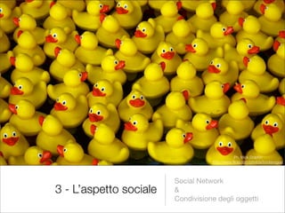 Ph. Mick Dolphin
                                   http://www.ﬂickr.com/photos/boolavogue/




                        Social Network
3 - L’aspetto sociale   &
                        Condivisione degli oggetti
 
