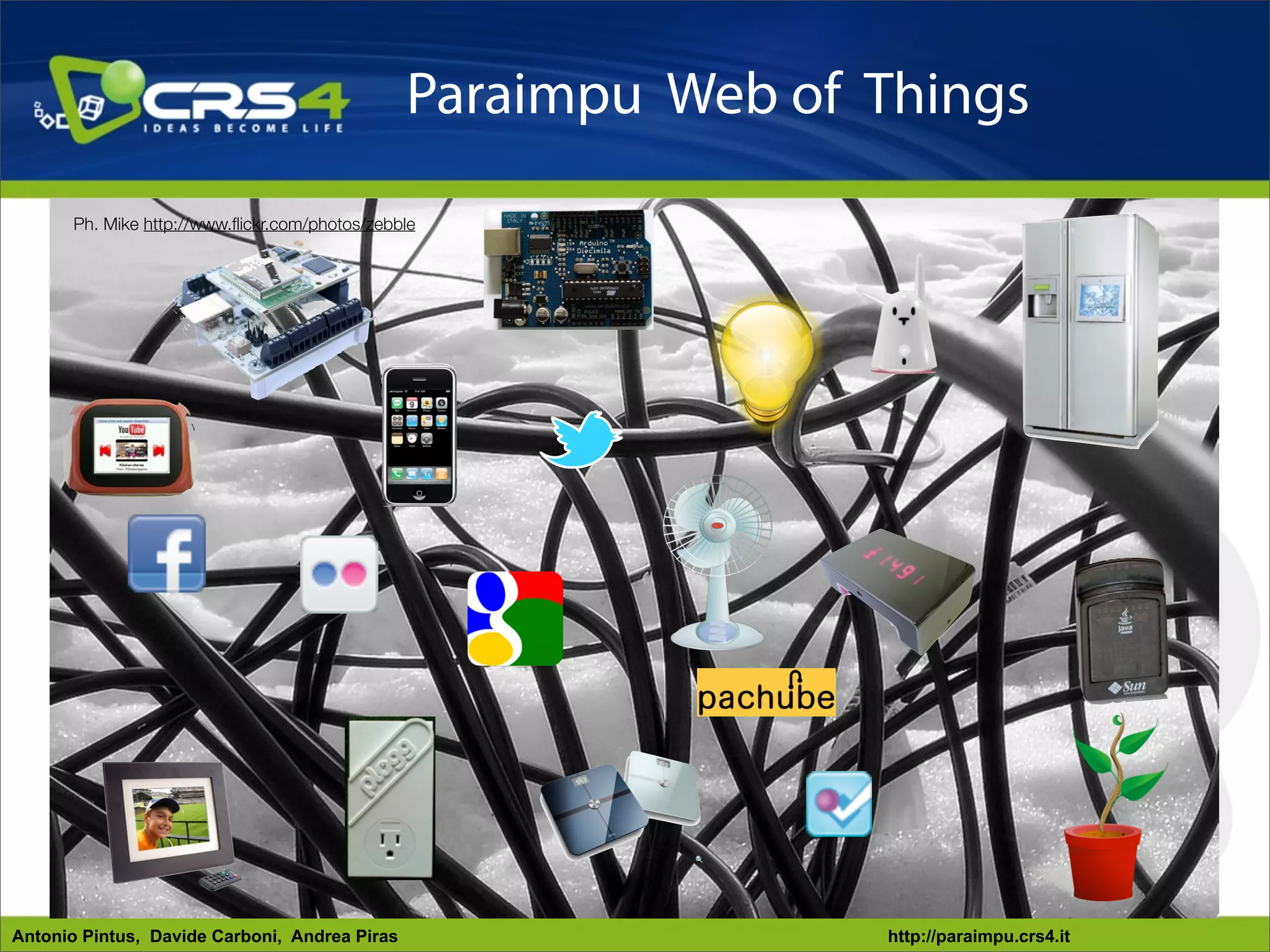 Paraimpu Web of Things
       Ph. Mike http://www.ﬂickr.com/photos/zebble




Antonio Pintus, Davide Carboni, Andrea Piras                    http://paraimpu.crs4.it
 