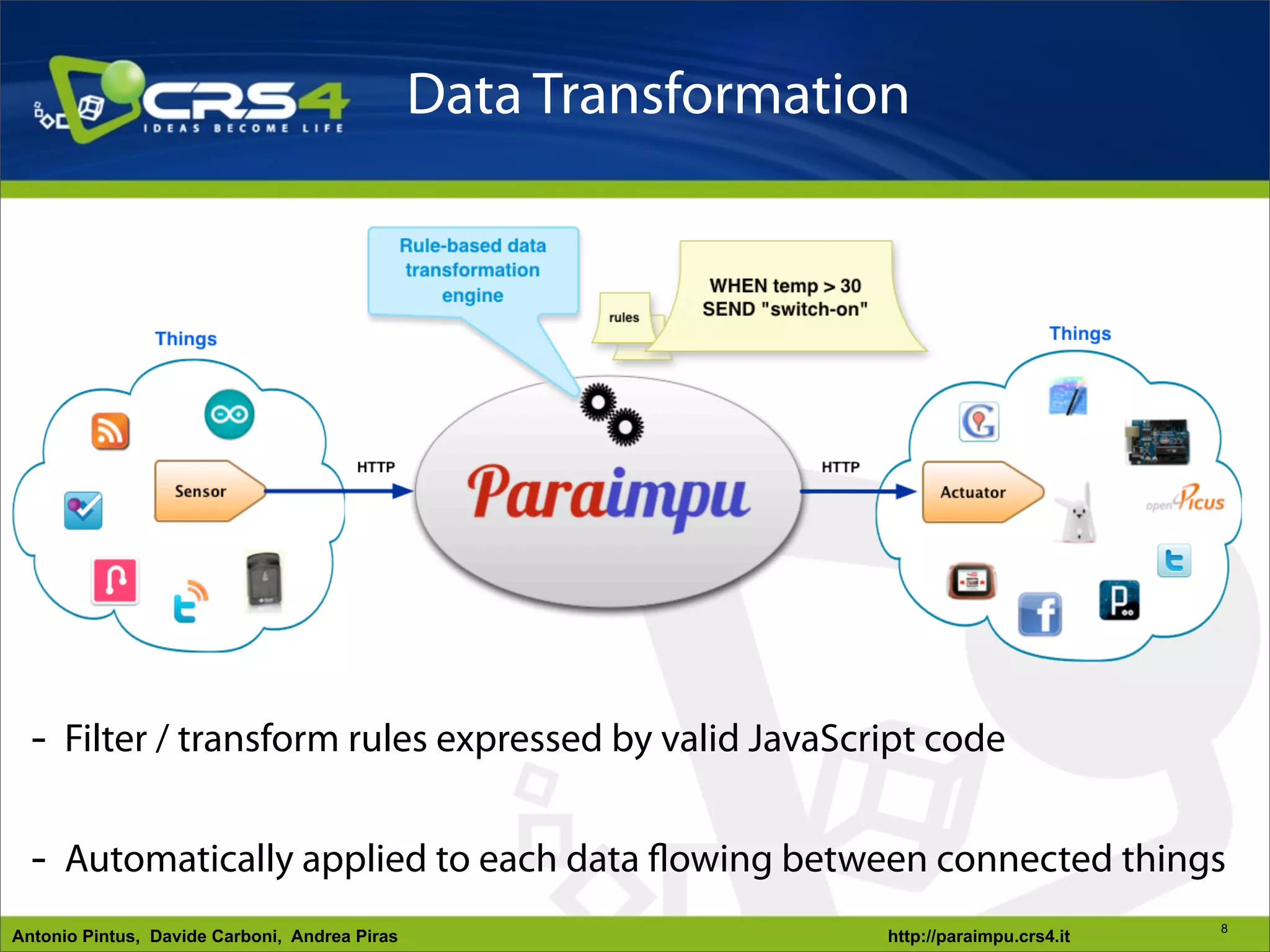 Data Transformation




  - Filter / transform rules expressed by valid JavaScript code

  - Automatically applied to each data flowing between connected things
                                                                                           8
Antonio Pintus, Davide Carboni, Andrea Piras                     http://paraimpu.crs4.it
 