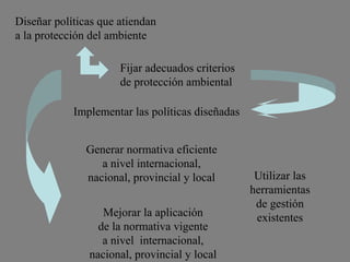 Diseñar políticas que atiendan
a la protección del ambiente
Fijar adecuados criterios
de protección ambiental
Implementar las políticas diseñadas
Generar normativa eficiente
a nivel internacional,
nacional, provincial y local Utilizar las
herramientas
de gestión
existentesMejorar la aplicación
de la normativa vigente
a nivel internacional,
nacional, provincial y local
 
