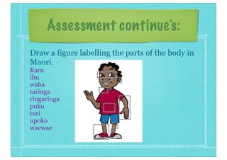 Assessment continue’s:
Draw a figure labelling the parts of the body in
Maori.
Karu
ihu
waha
taringa
ringaringa
puku
turi
upoko
waewae
 
