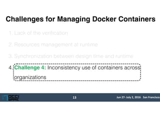 Jun	27-	July	2,	2016	.	San	Francisco
Challenges for Managing Docker Containers
1. Lack of the verification
2. Resources ma...