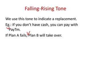 Falling-Rising Tone
We use this tone to indicate a replacement.
Eg.: If you don’t have cash, you can pay with
PayTm.
If Plan A fails, Plan B will take over.
 