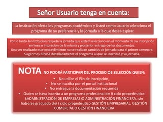•La información registrada
debe ser del aspirante.
•Verificar los datos
personales y el programa
seleccionado y la
JORNADA.
DATOS
•Imprimir (2) dos
comprobantes de
INSCRIPCIÓN EN LÍNEA.
•Firmar el comprobante de
inscripción en línea.
COMPROBANTE
•Entregar los documentos en
la oficina de admisiones.
•Los documentos de
inscripción y homologación
deben estar completos.
DOCUMENTOS
Paso
3.3
IMPRIMIR COMPROBANTES
Imprimir
Dos
comprobantes
 