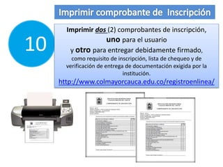 Documentos de INSCRIPCIÓN Documentos de HOMOLOGACIÓN
Plan de ESTUDIO
Contenidos PROGRAMÁTICOS
Certificado de NOTAS
Certificado de BUENA CONDUCTA
CARTA solicitando el estudio de HOMOLOGACIÓN
Los ASPIRANTES del SENA deben presentar todos los
documentos anteriores en físico y en medio magnético
ASPIRANTES SENA: Registro Calificado del programa
ENTREGAR DOCUMENTOS
ASPIRANTES NUEVOS
PASO
4
Una (1) Carpeta COLGANTE
Recibo de INSCRIPCIÓN pagado
Dos (2) COMPROBANTES de inscripción
Una (1) FOTO 4*4 fondo BLANCO
Fotocopia DOCUMENTO DE IDENTIDAD
Fotocopia legible REGISTRO CIVIL
Fotocopia LEGIBLE pruebas ICFES
Fotocopia ACTA GRADO DE BACHILLER
Fotocopia último RECIBO DE ENERGIA
Fotocopia Certificado de VOTACIÓN
 