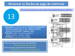 ENTREGAR EL RECIBO DE
MATRICULA PAGADO
Una vez entregado el recibo de la matrícula
financiera pagado en la oficina de Admisiones:
Se procede a
ACTIVAR la
matricula
financiera
Se procede a
la matricula
académica
Se procede a
la realización
del carnet
Entregar la copia del
recibo pagado en la
oficina de Admisiones
inmediatamente
después del pago
PASO
6
 