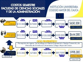 COSTOS SEMESTRE
FACULTAD DE CIENCIAS SOCIALES
Y DE LA ADMINISTRACIÓN
* Valores 2017
• $5.
Carnet
Estudiantil
Carnet de
Seguridad
Derechos
Complementarios
Derechos de
Matricula TOTAL A PAGAR
$10.300 $7.000 $106.000 $527.000
• $5.
Carnet
Estudiantil
Carnet de
Seguridad
Derechos
Complementarios
Derechos de
Matricula TOTAL A PAGAR
$10.300 $7.000 $105.000 $522.000
• $5.
Carnet
Estudiantil
Carnet de
Seguridad
Derechos
Complementarios
Derechos de
Matricula TOTAL A PAGAR
$10.300 $7.000 $164.000 $817.000
CICLO PROPEDEÚTICO
Pre-requisito de ingreso: Ser tecnólogo en Gestión Empresarial o Gestión Comercial y de
Mercados de la Institución Universitaria Colegio Mayor del Cauca.
ADMINISTRACIÓN
DE EMPRESAS
GESTIÓN
EMPRESARIAL
GESTIÓN COMERCIAL
Y DE MERCADOS
4 SEMESTRES
 