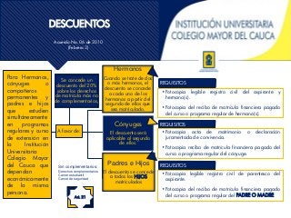 DESCUENTOS
Acuerdo No. 06 de 2010
(Febrero 3)
REQUISITOS
• Fotocopia legible registro civil del aspirante y
hermano(s).
• Fotocopia del recibo de matrícula financiera pagado
del curso o programa regular de hermano(s).
REQUISITOS
• Fotocopia acta de matrimonio o declaración
juramentada de convivencia.
• Fotocopia recibo de matrícula financiera pagado del
curso o programa regular del cónyuge.
REQUISITOS
• Fotocopia legible registro civil de parentesco del
aspirante.
• Fotocopia del recibo de matrícula financiera pagado
del curso o programa regular del PADRE O MADRE.
Se concede un
descuento del 20%
sobre los derechos
de matrícula más no
de complementarios,
Hermanos
Cuando se trate de dos
o más hermanos, el
descuento se concede
a cada uno de los
hermanos a partir del
segundo de ellos que
sea matriculado.
Cónyuges
El descuento será
aplicable al segundo
de ellos.
Padres e Hijos
El descuento se concede
a todos los HIJOS
matriculados
A favor de:
Para Hermanos,
cónyuges o
compañeros
permanentes y
padres e hijos
que estudien
simultáneamente
en programas
regulares y curso
de extensión en
la Institución
Universitaria
Colegio Mayor
del Cauca que
dependan
económicamente
de la misma
persona.
Sin complementarios:
Derechos complementarios
Carnet estudiantil
Carnet de seguridad
Art. 21
 